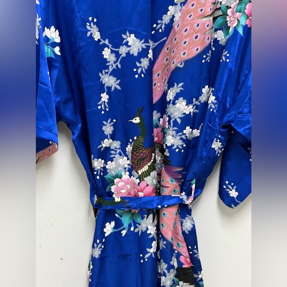 Women's Home Wear Polyester Bright Blue Mini Robe Peacocks Pink Flowers Size S - Picture 5 of 8